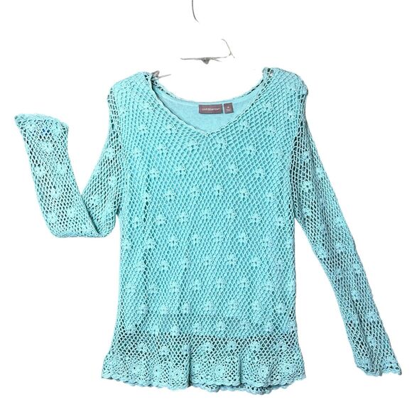 Croft & Barrow Sweater Womens Medium Aqua Blue Crochet Knit Lined V-Neck Ramie - Picture 2 of 11